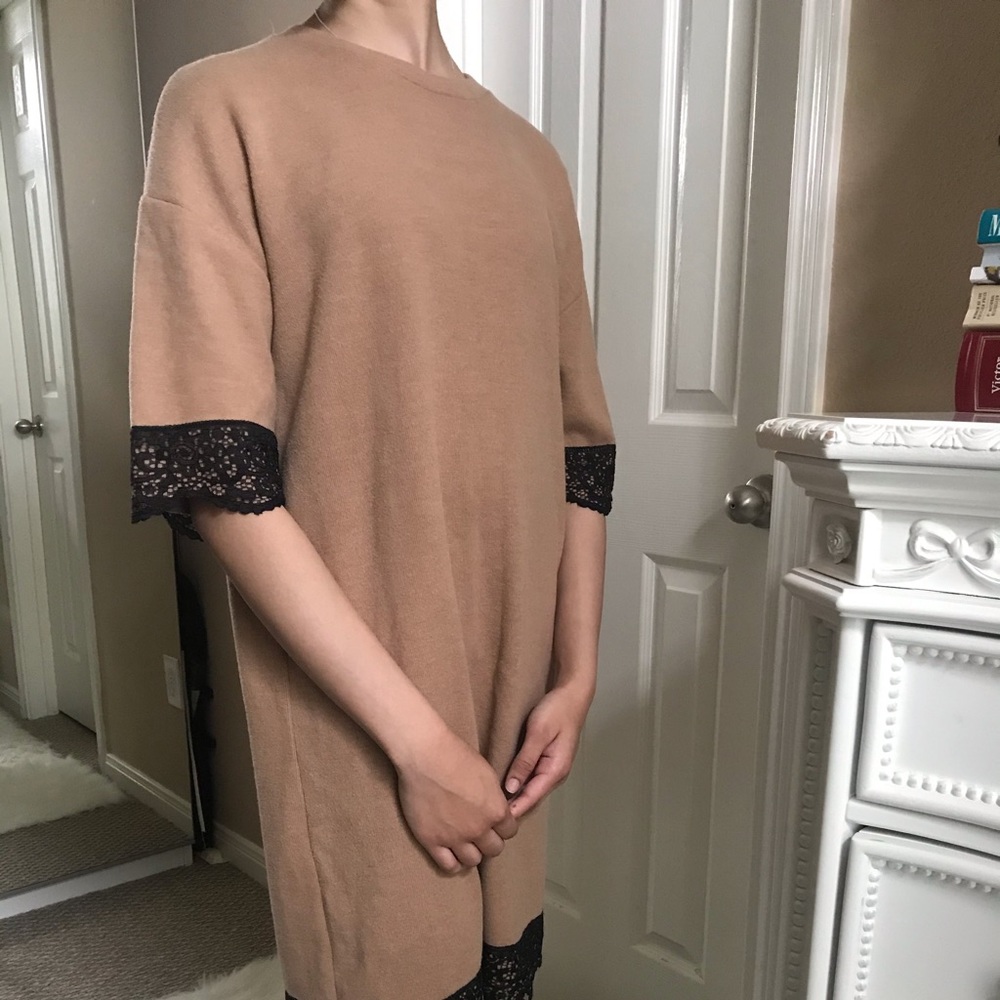 ZARA camel sweater dress with lace detailing